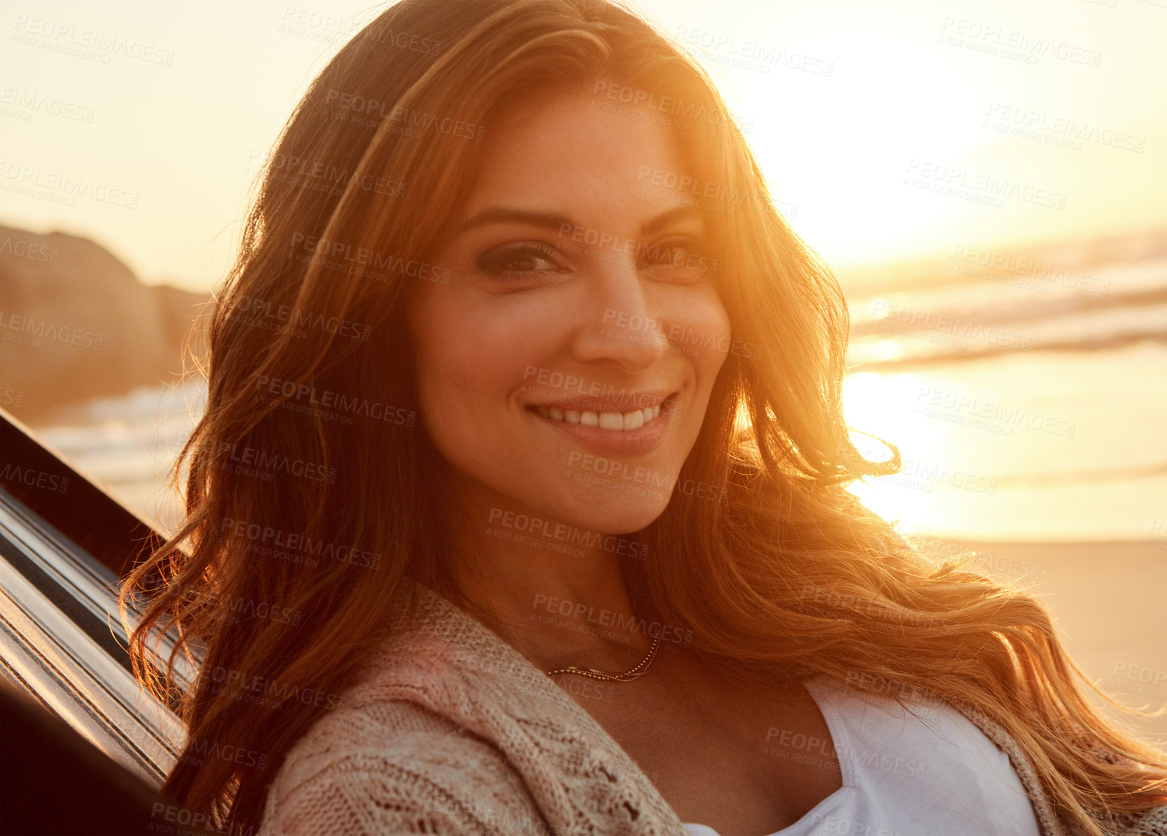 Buy stock photo Tourist, portrait and woman at ocean with seat, sunset trip or fresh air on weekend break. Travel, flare and female person outdoor with beach chair, seasonal vacation and summer evening in Bali.