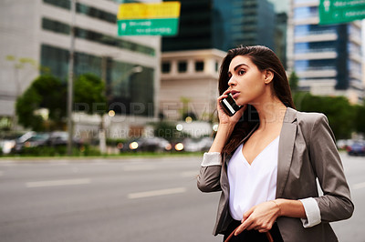 Buy stock photo Business woman, phone call and city for travel, conversation or communication outdoors commute. Female person, wait and taxi for work trip, networking or discussion on smartphone on urban street