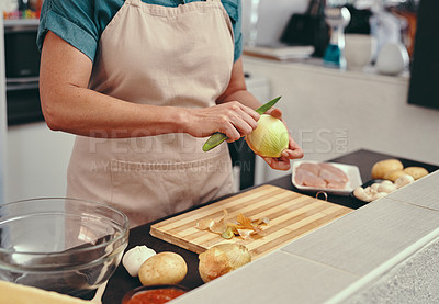 Buy stock photo Person, kitchen and peeling onion for cooking or food with knife, vegetables for lunch or nutrition. Chef, health and home with vegan meal or process for diet with wellness, nutritionist with tool