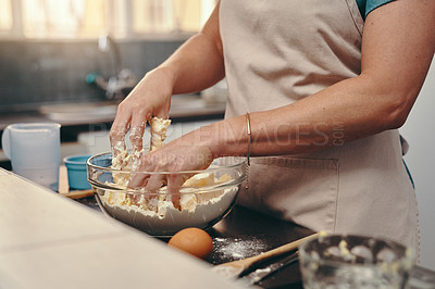 Buy stock photo Person, kitchen and hands for baking or dough in bowl, eggs for mixing flour or nutrition. Chef, health and home with vegan dinner or process for diet with wellness, nutritionist with meal prep