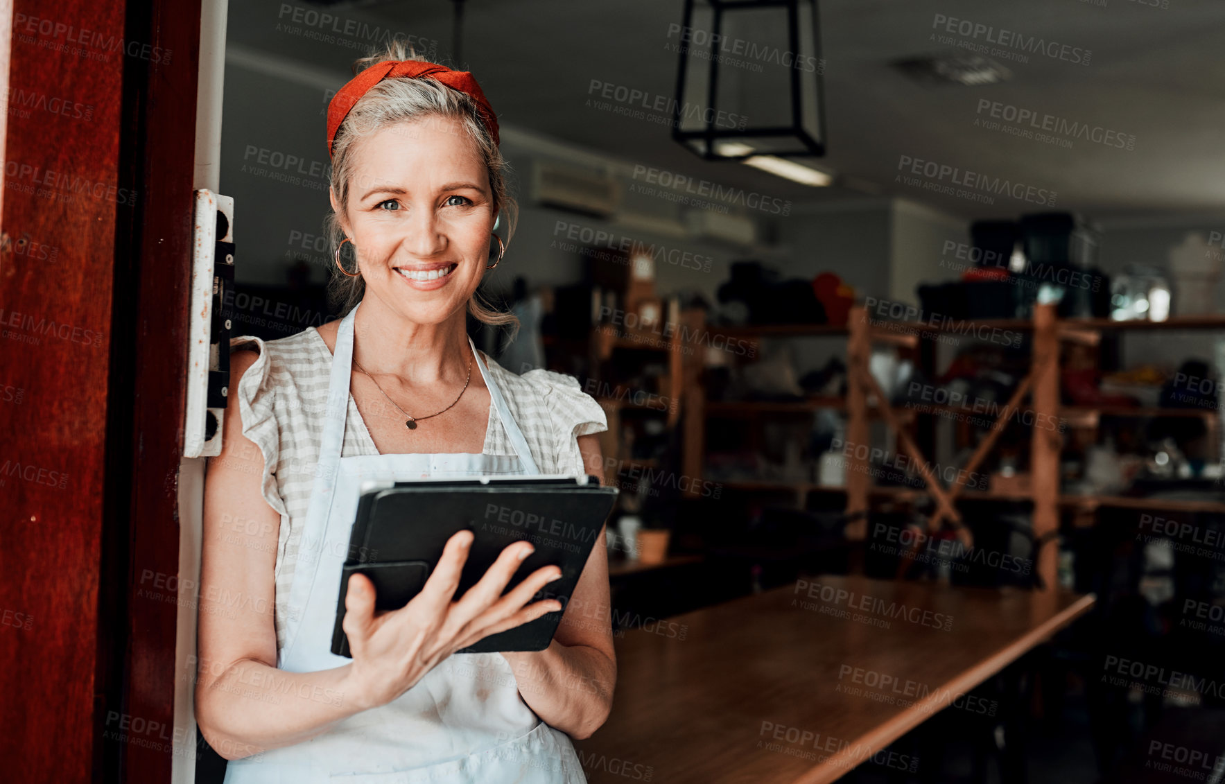 Buy stock photo Happy woman, portrait smile and tablet in small business confidence at entrance for workshop in retail store. Confident female person, ceramic designer or owner with technology for creative startup