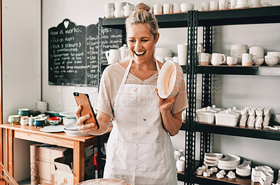 Buy stock photo Happy woman, pottery and selfie in small business for social media, advertising or vlog at store. Female person or retail owner smiling with clay bowl for photo or online post on mobile smartphone