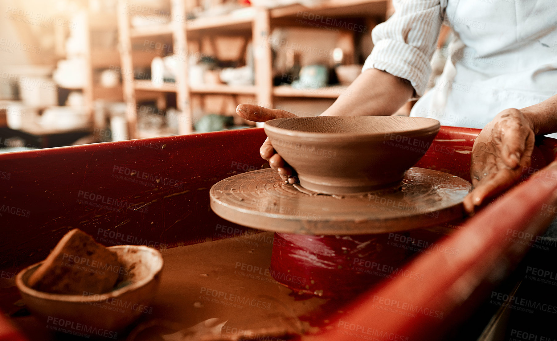 Buy stock photo Hands, production and pottery in workshop for creativity, art deco and development for startup. Clay, artistic person and job or talent for small business, project or sculpture for retail in studio  