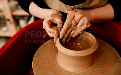 Buy stock photo Hands, clay and pottery wheel with creativity for craft, tools and production at small business. Person, artist and entrepreneur with eco friendly material, sculpture and manufacturing in workshop