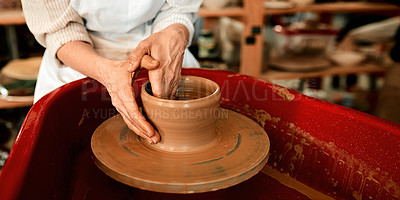 Buy stock photo Hands, production and clay in workshop for creativity, art deco and development for startup. Pottery, artistic person and job or talent for small business, project or sculpture for retail in store  