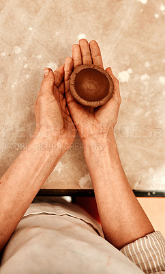 Buy stock photo Hands, clay and pottery in workshop with shape, design or skills at small business. Above a person, artist and entrepreneur with craft for material, creativity or manufacturing at startup for product