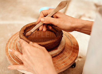 Buy stock photo Hands, woman and pottery store with clay as artist for handmade manufacturing and supply. Small business, female person and entrepreneur with tools or equipment for creativity, design and handicraft