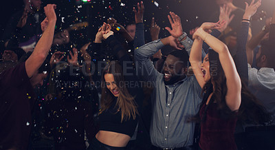 Buy stock photo Friends, celebration and dancing in club with glitter, confetti or new years eve party with happiness, crowd and disco. Dance, people and festival with music, energy and cheering for birthday event