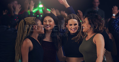 Buy stock photo Dance, party and night with women in club for music, celebration and nightlife concert. Festival, disco and rave with friends dancing in crowd at social event for energy, techno and dj show