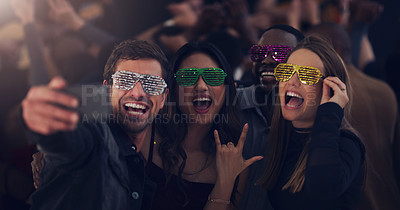 Buy stock photo Selfie, sunglasses and friends at party for celebration, festival and dance at social event. Night club, disco and happy men and women take picture for memories, post and celebrate new years eve