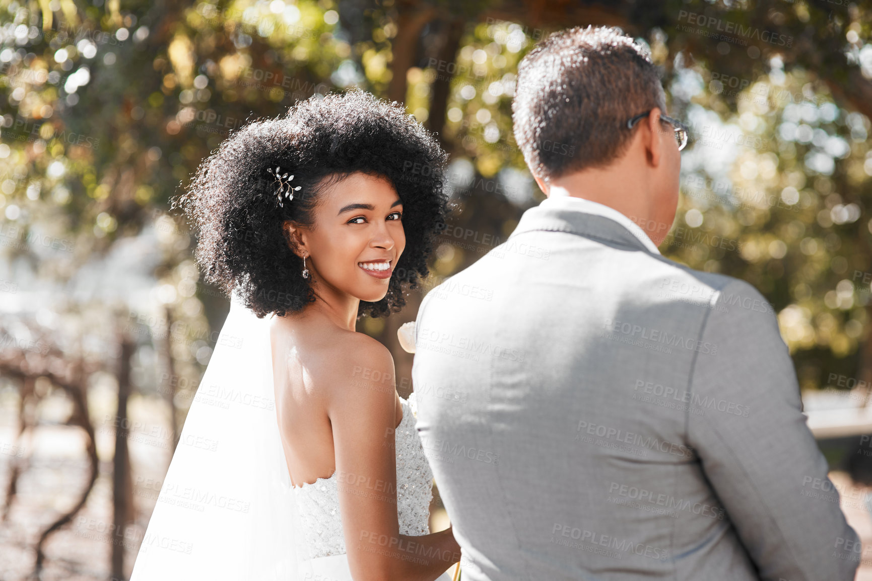 Buy stock photo Portrait of a happy young bride getting walk down the aisle by her father on her wedding day