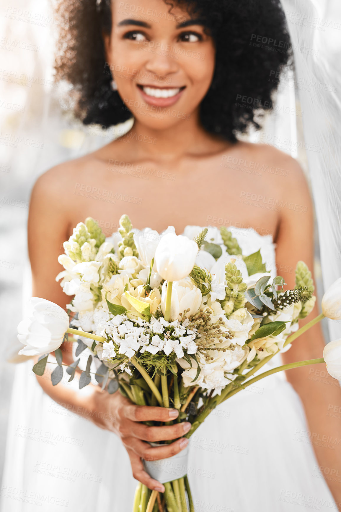 Buy stock photo Woman, bride and flowers on wedding day for marriage outdoor or celebration, ceremony or gown. Female person, bouquet and summer event in backyard park for commitment reception, party or milestone