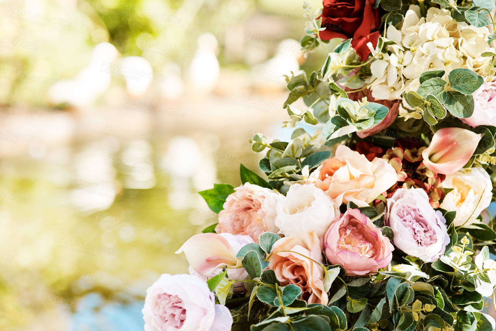 Buy stock photo Flower, bouquet and outdoor for summer event or wedding day floral for party, garden or nature. Roses, leaves and outside ceremony in backyard park for reception as celebration, marriage or plant