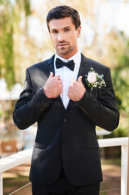 Buy stock photo Man, portrait and groom in suit on wedding day outdoor or flower boutonniere, commitment or celebration. Male person, face and marriage reception or summer ceremony in garden park, milestone or event
