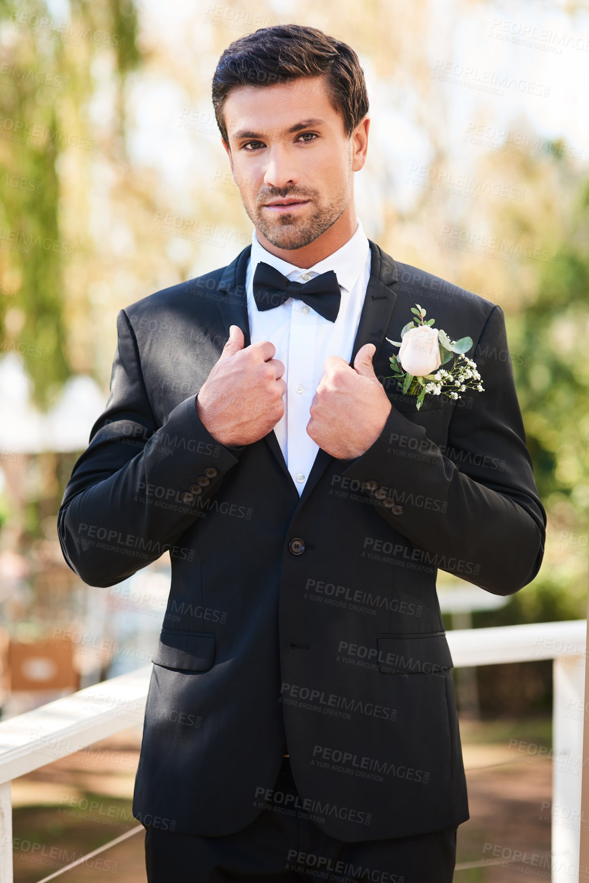 Buy stock photo Man, portrait and groom in suit on wedding day outdoor or flower boutonniere, commitment or celebration. Male person, face and marriage reception or summer ceremony in garden park, milestone or event