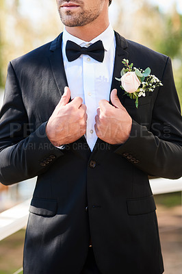 Buy stock photo Hands, wedding and groom in suit outdoor for ceremony or celebration or love and tradition. Fashion, marriage and model with formal man at garden venue in summer for commitment or dedication