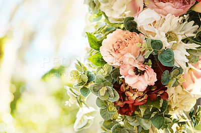 Buy stock photo Still life shot of a beautiful bouquet of flowers outdoors