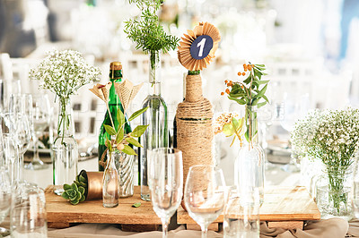 Buy stock photo Still life shot of a decorated table setting at a wedding reception