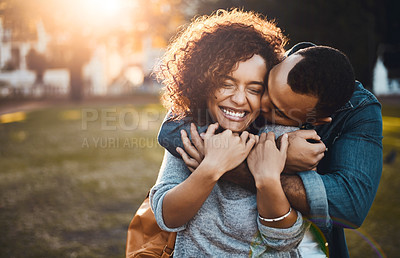 Buy stock photo Love, hug and couple outdoor, relationship and happiness with joy, bonding and romantic together. Happy partners, man and woman embrace, park and outside for fun, marriage and dating with romance