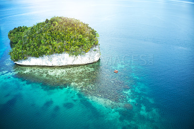 Buy stock photo People, boat and island at sea for kayak adventure, travel or journey in the big blue ocean together. Couple canoeing, kayaking or rowing on calm, peaceful or serene beach water in nature outdoors