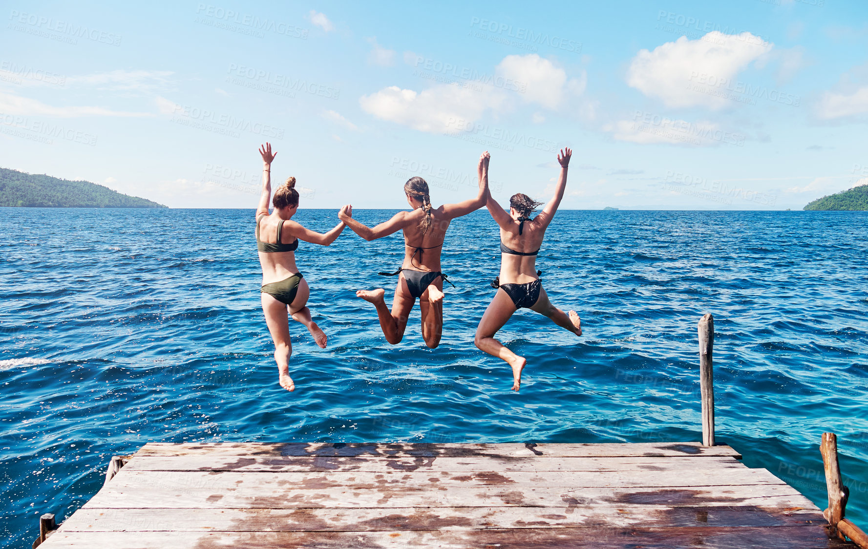 Buy stock photo Back, group and women on a pier, jump and beach with vacation, summer getaway or relax. Female people, girls or friends with water, ocean and sea with holiday, lake and travel with freedom and energy