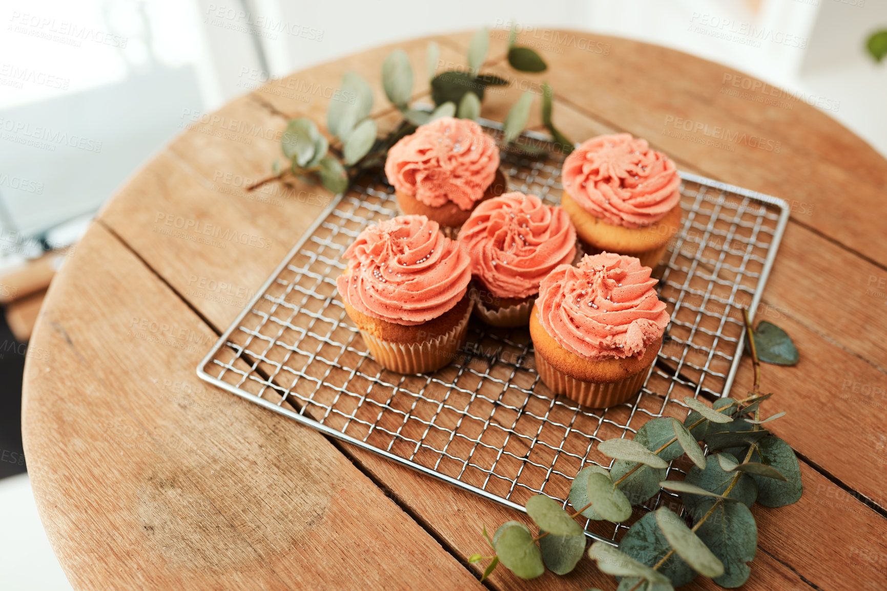 Buy stock photo Catering, cupcake and presentation on wooden table for hospitality, small business startup or service. Background, dessert and food on display in bakery or cafeteria for cuisine and delicacy