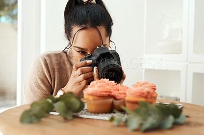 Buy stock photo Dessert, woman and camera for professional photography, social media and creative influencer. Photographer, technology and picture of food in house for cupcake blog, content creation or filming art