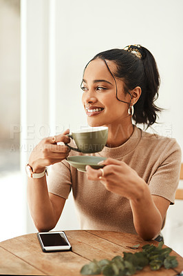 Buy stock photo Coffee, relax and thinking with woman in kitchen of apartment for break, idea or wellness on weekend. Future, smile and vision with happy African person drinking caffeine beverage in the house