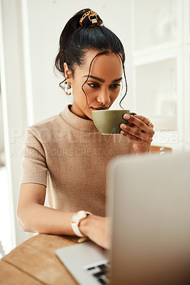 Buy stock photo Female person, laptop and drinking coffee for relax, break and remote work as freelance copywriter. Business woman, research and ideas with project for web agency as creative or digital nomad in home