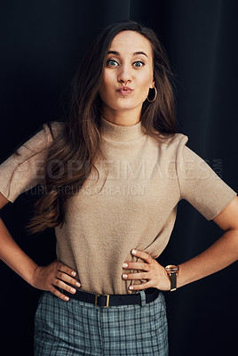 Buy stock photo Woman, fashion portrait and funny face in studio with black background, happiness or beauty in Istanbul. Model, clothes and stylish for comic facial expression, pout lips or happy by dark background