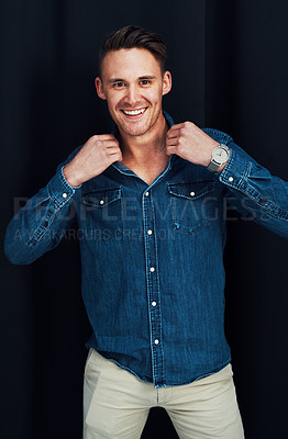 Buy stock photo Man, fashion and stylish clothes on black background or studio mockup for clothing brand marketing, style vlog or Canada advertising. Portrait, smile and happy model with trendy, cool or relax shirt