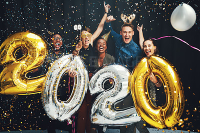 Buy stock photo New years, balloons and friends with confetti in 2020 excited for party, festival celebration and future. Social event, glamour and portrait of group of men and women in studio for festive countdown