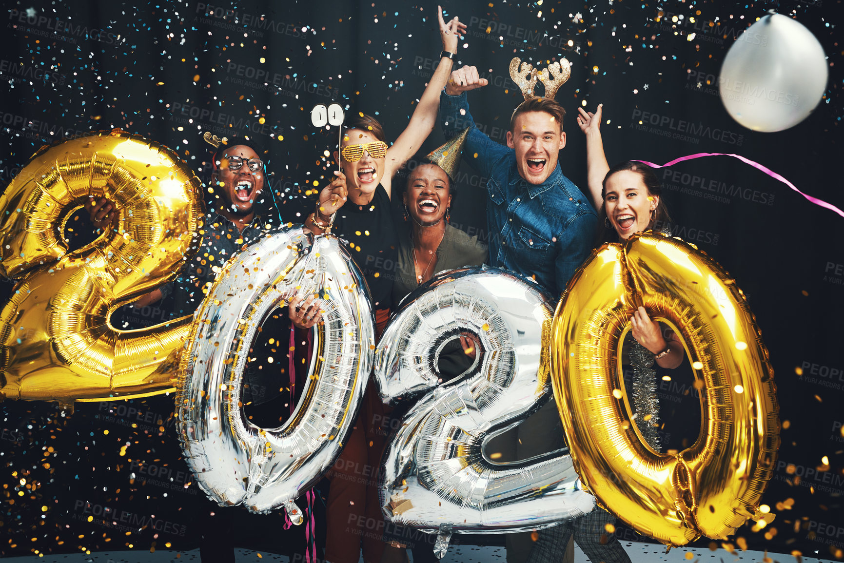 Buy stock photo New years, balloons and friends with confetti in 2020 excited for party, festival celebration and future. Social event, glamour and portrait of group of men and women in studio for festive countdown