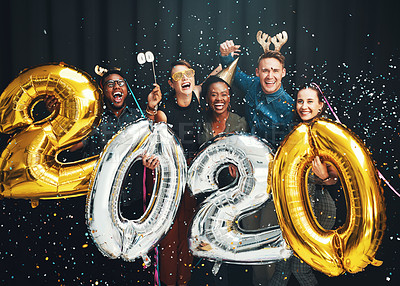 Buy stock photo New year, confetti and friends with 2020 balloons in studio for party, celebration and festive countdown. Festival holiday, glamour and portrait of happy, excited and cheering people for social event