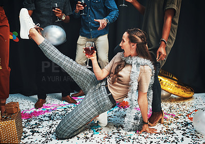 Buy stock photo Woman, dancing and wine for celebration with friends on floor with confetti, alcohol and dance moves for new years, birthday or Christmas event. Drunk female with drink to celebrate with people