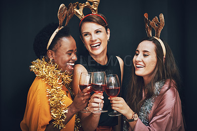 Buy stock photo Diversity, group of friends and women toast, wine or together for New years celebration. Females, girls or alcohol glasses for party, festival or event for happiness, relax or enjoy drink for holiday