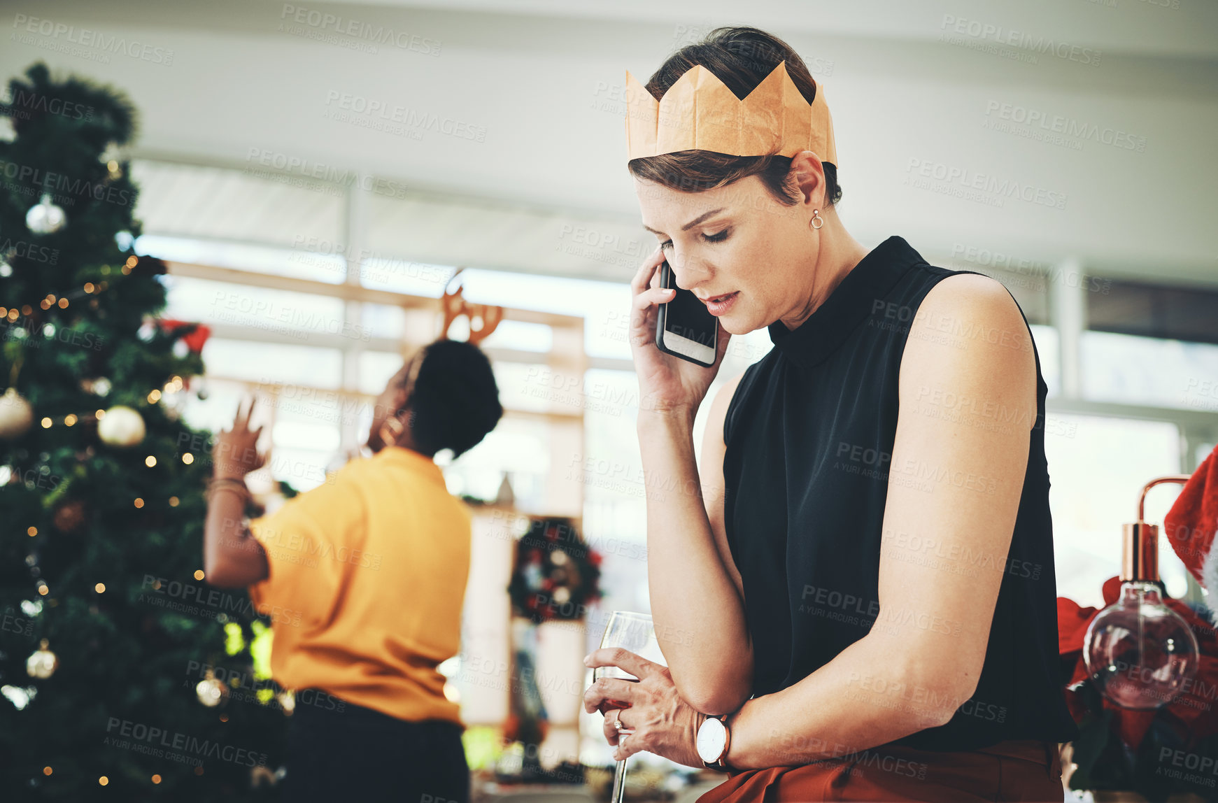 Buy stock photo Christmas, woman or stress with phone call in office for crisis, mistake or bad news at social gathering. Person, drink and talking on smartphone with work problem, trouble or unhappy with discussion