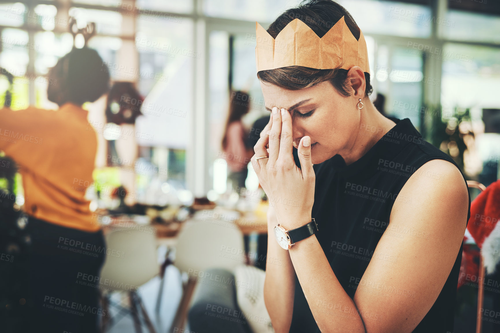 Buy stock photo Celebration, woman and stress with phone call in office for crisis, mistake and headache at social gathering. Person, bad news and talking on smartphone with work problem, trouble and disappointment