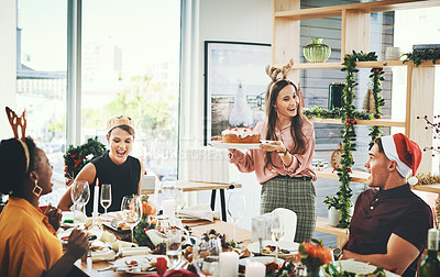 Buy stock photo Christmas, food and party with business people at dining table for celebration, decoration or winter holiday. Social, merry season and xmas with friends in office for festive, vacation or tradition