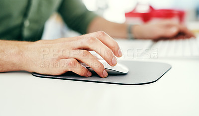 Buy stock photo Hand, computer mouse and ecommerce with a business man working on a desktop in his company office. Marketing, software and networking with a male employee clicking a button while working alone