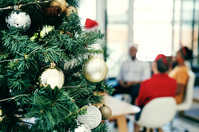Buy stock photo Christmas tree, office and business people, group and employees meeting, discussion and planning for holiday season, celebration and break. Festive decorations in workplace, startup party and company