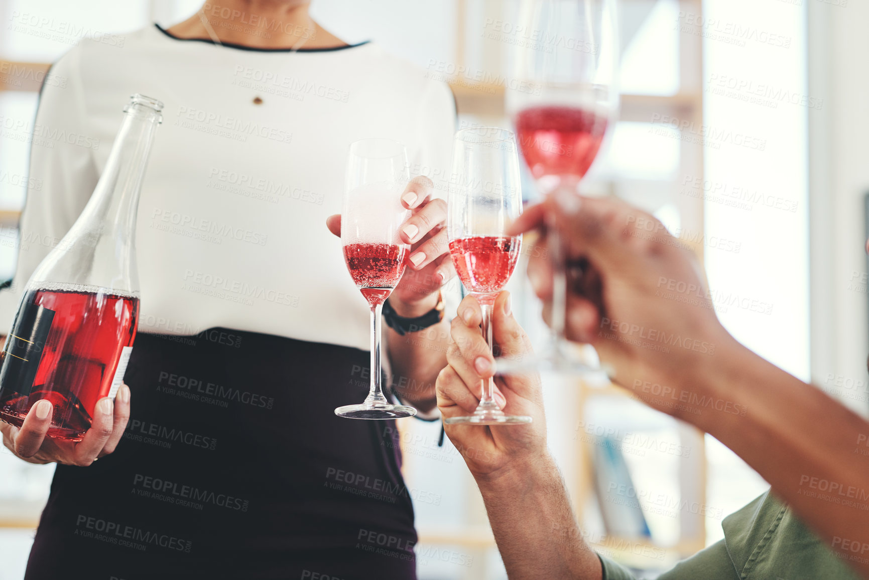 Buy stock photo Party, champagne and glass with hands of business people for celebration, festive and toast. Holiday, alcohol and cheers with employee and drink in office for Christmas, event and wine together