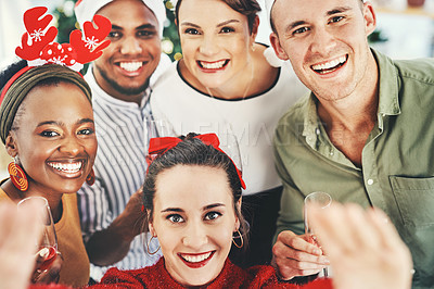 Buy stock photo Selfie, christmas and business people, office team and celebration together. Portrait staff group, festive party and taking a picture for happy memory with friends, celebrate holiday and diversity 