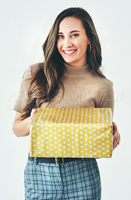 Buy stock photo Gift, portrait and woman with a box in studio for winning a prize, reward or birthday present on a white background. Gift box, congratulations and happy girl with a big smile excited for a package