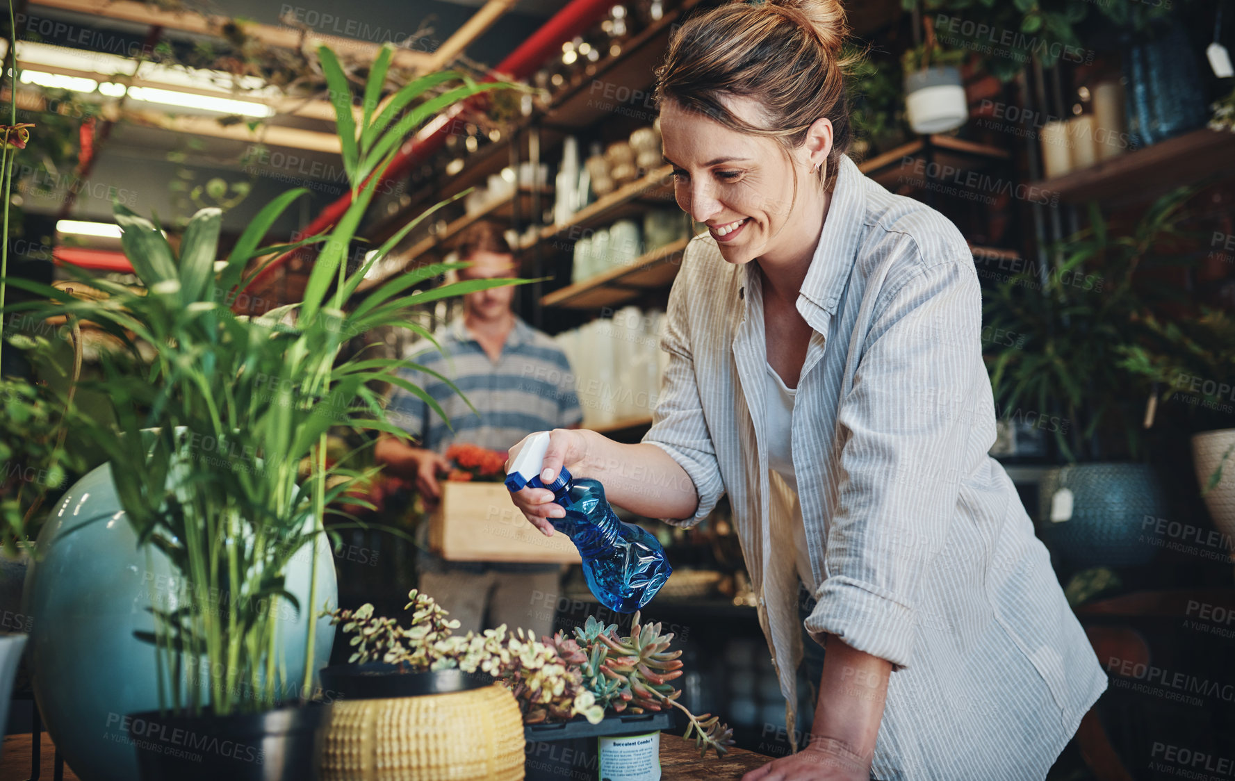 Buy stock photo Shot of an attractive young florist watering plants inside a plant nursery with her colleague also working in the background