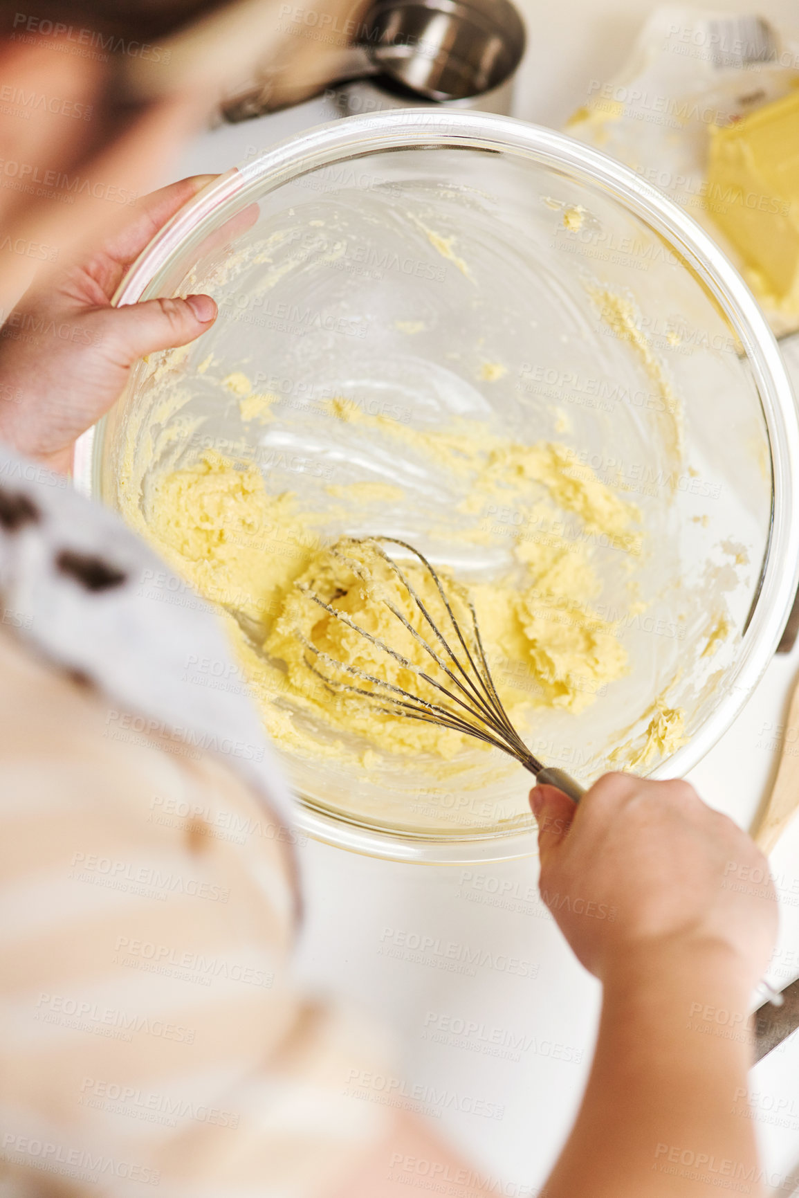 Buy stock photo Woman, hands and mixing ingredients in kitchen for cookies, bread and breakfast in cafe.  Female nutritionist, cooking and dessert for bakery, small business and startup coffee shop for community