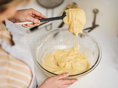 Buy stock photo Baking, batter and hands with person in kitchen of home for cooking or mixing in bowl from above. Food, ingredients or recipe and chef at counter of apartment or bakery with dough and flour in glass