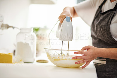 Buy stock photo Bowl, hands and mixer for baking with person in kitchen of home closeup for pastry preparation. Batter, cooking and food with baker or chef at counter of apartment for mixing dough and flour