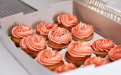 Buy stock photo Cropped shot of cupcakes in a takeaway box