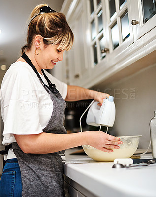 Buy stock photo Woman, prepare and bowl with electric mixer, hands and kitchen for relax or therapeutic hobby. Ingredients, dessert and cooking with professional for small business on counter with baking recipe.